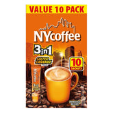 The packaging for NY Coffee - 3in1 Instant Salted Caramel Coffee (10 sachets) - 140g showcases a vibrant orange coffee cup set against a city skyline backdrop. This convenient "Value 10 Pack" provides a delightful coffee experience with 10 sachets included.